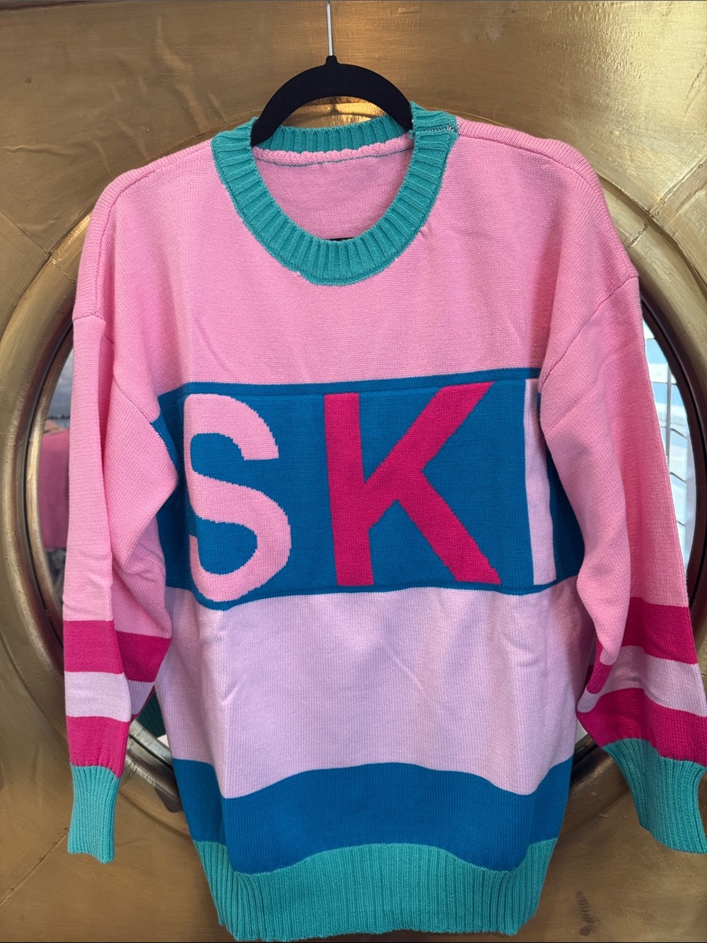 Pink & Teal Colorblock Knit Sweater with Bold 'SKI’ Accent